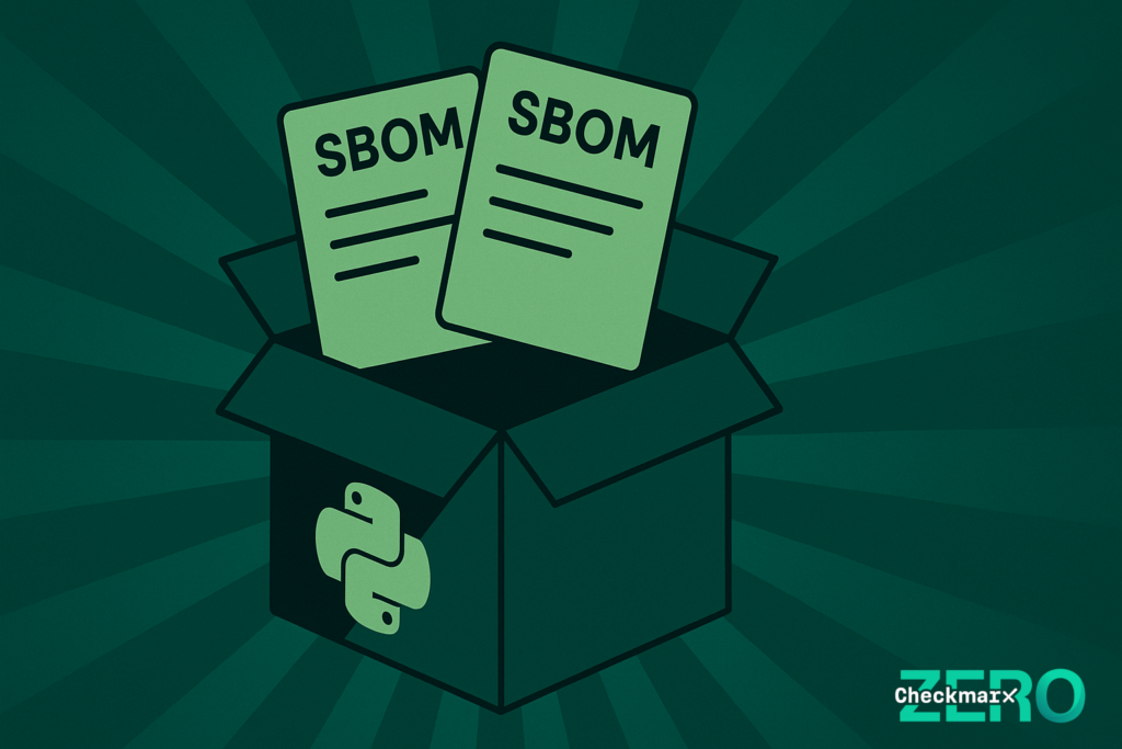 Checkmarx Zero branded image depicting a box with the Python programming language icon. The box is open, and two SBOM documents are displayed coming out of the package.