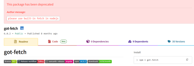 Screenshot of the now-deprecated got-fetch package page on NPM