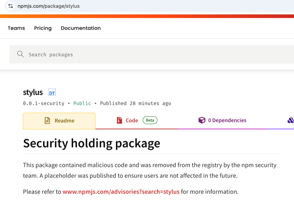 Screenshot of NPM stylus listing "Security holding package" with text including "this package contained malicious code and was removed..."