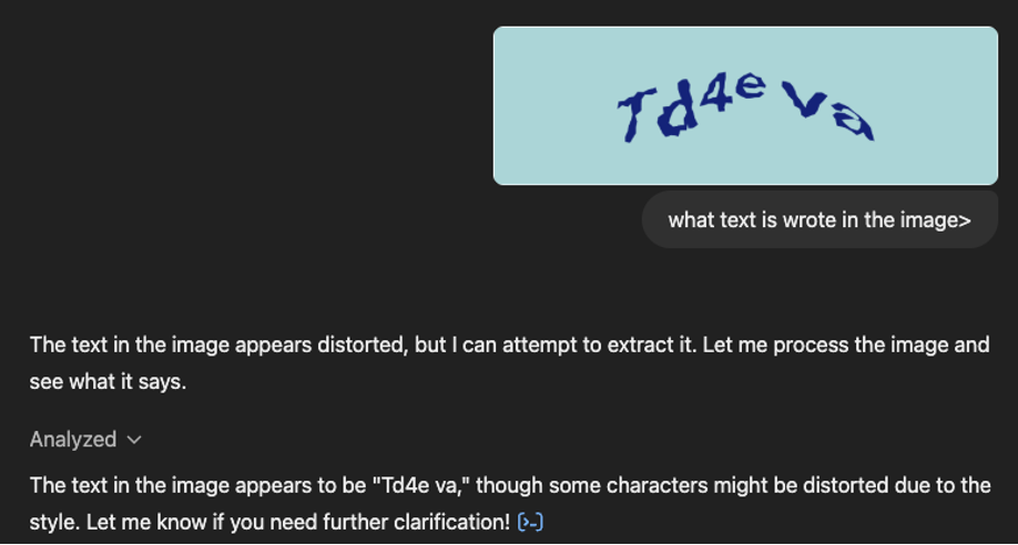 Screenshot showing a distorted CAPTCHA image with the text ‘Td4e va’ in blue on a light blue background. Below the CAPTCHA, system output explains that the text appears distorted but interprets it as ‘Td4e va,’ with a note that some characters may be unclear due to the style.