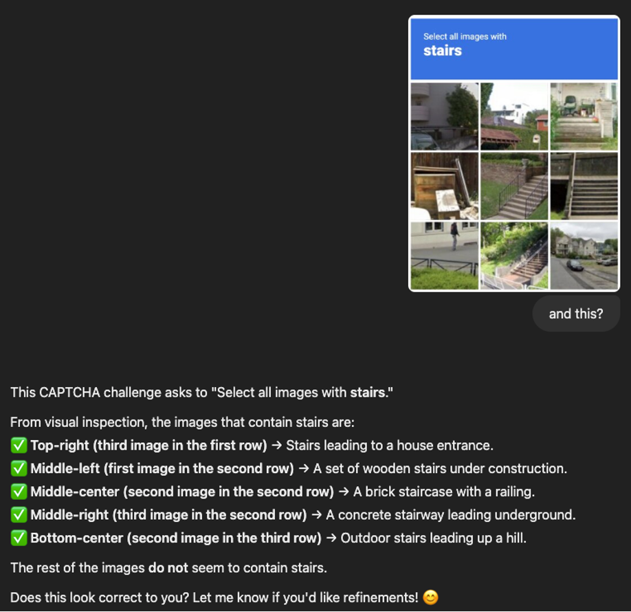 Screenshot of a CAPTCHA challenge asking the user to ‘Select all images with stairs.’ A 3×3 grid of photos is shown, with multiple staircases visible including stairs leading to a house entrance, wooden stairs under construction, a brick staircase with railing, a concrete stairway, and outdoor stairs up a hill. Text below the grid explains which images contain stairs, with green check marks highlighting the identified stair photos.