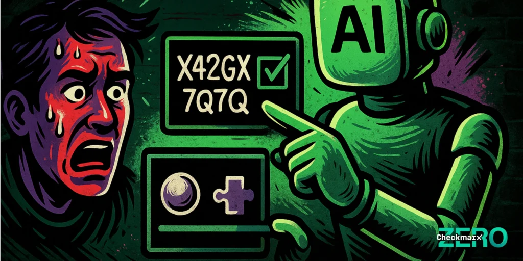 Graffiti-style illustration of a green robot with ‘AI’ on its head solving CAPTCHA puzzles, including distorted text and a sliding puzzle piece. A distressed human face in red and purple looks on in shock. The background is a dark green brick wall with dramatic street-art shading