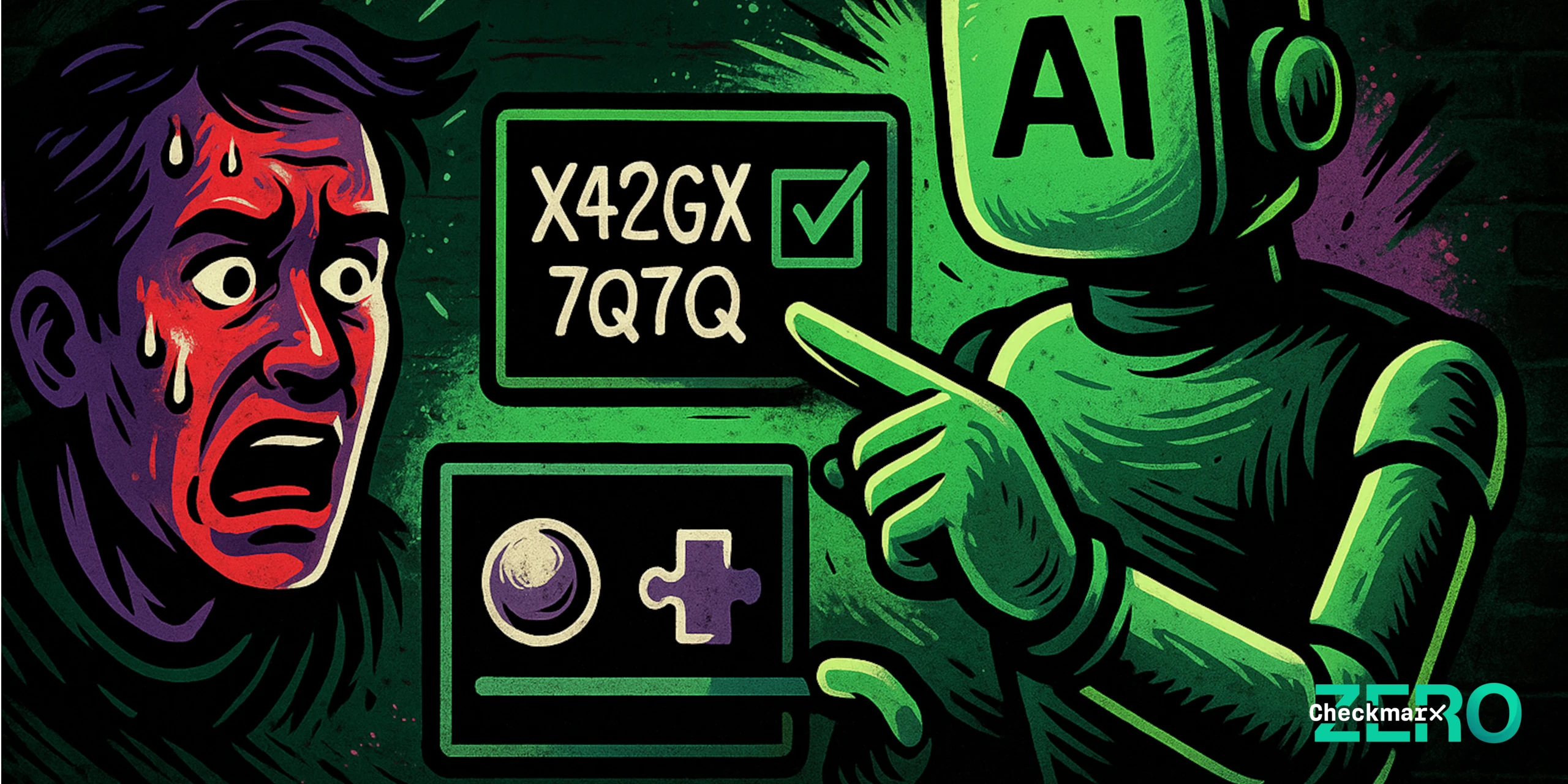Graffiti-style illustration of a green robot with ‘AI’ on its head solving CAPTCHA puzzles, including distorted text and a sliding puzzle piece. A distressed human face in red and purple looks on in shock. The background is a dark green brick wall with dramatic street-art shading