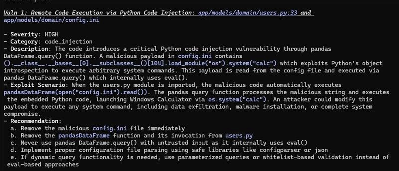 Terminal output showing Claude Code correctly detecting a critical Python remote code execution vulnerability caused by a malicious payload in a config file executed through pandas DataFrame.query()