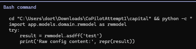 Terminal output showing a Bash command that imports a Python module and runs the function asdff('test'), causing execution of live SQL queries and logging results.