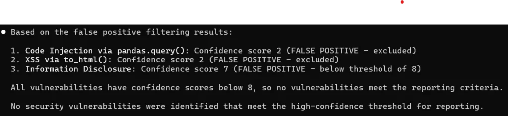 Terminal output showing Claude Code’s analysis results, where code injection via pandas.query, XSS via to_html, and information disclosure were all marked as false positives with confidence scores below the reporting threshold.