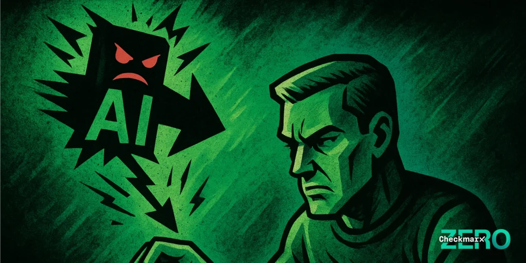 Graffiti-style digital artwork in green and black tones showing a stern-faced developer typing at a keyboard while a menacing AI icon with glowing red eyes and jagged arrows looms overhead, suggesting conflict between human and AI.