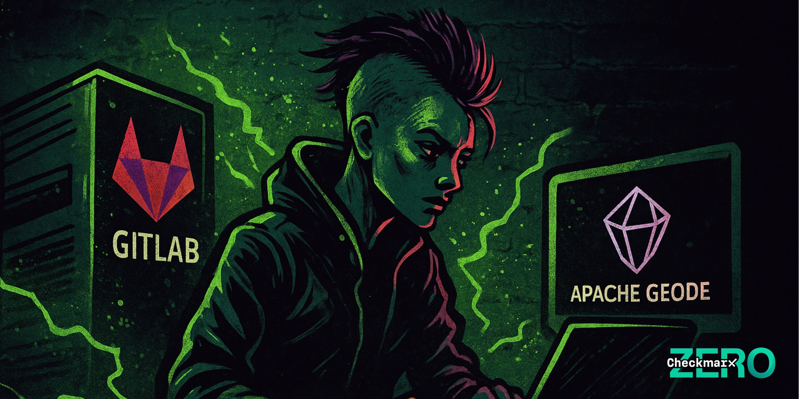 A graffiti-style cyberpunk illustration shows a focused technician with cybernetic enhancements and a mohawk, typing on a laptop surrounded by neon green light. To the left, a glowing GitLab fox-head emblem appears on a dark server tower; to the right, a monitor displays the Apache Geode crystal logo. The background is gritty black and green, with electric energy patterns connecting the two systems and a darker lower-right corner for contrast.