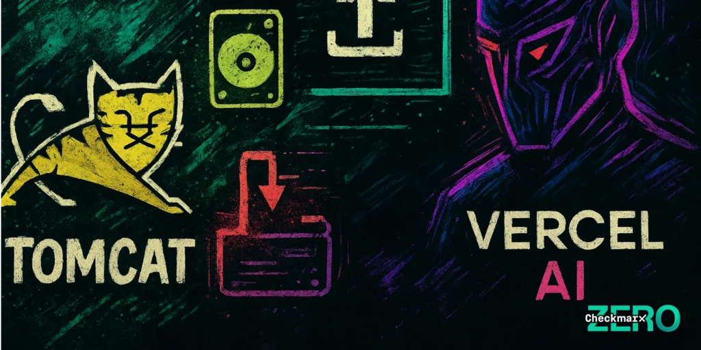 A street-art-style digital painting with a cyberpunk aesthetic. On the left, a stylized yellow mechanical cat labeled “TOMCAT” crouches near icons of a hard drive, red download arrow, and green upload symbol, representing Apache Tomcat’s file-handling flaw. On the right, a dark robotic figure with glowing red eyes and purple-blue outlines labeled “VERCEL AI” symbolizes the Vercel AI SDK vulnerability.