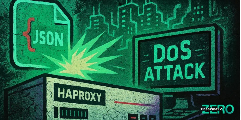 A wide, gritty, street-art-style cyberpunk illustration in neon green to black tones. A stylized HAProxy device sits in the foreground, shaded dark in the lower right. A large glowing JSON icon on the left emits an explosive burst of light toward the device. To the right, a monitor displays a bright, blocky “DoS ATTACK” message. Abstract high-rise silhouettes and circuit-like patterns form the background, with contrasting accents in white, purple, and red.