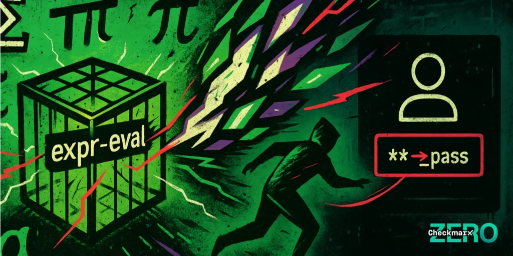 An abstract illustration with the Checkmarx Zero logo depicting the expr-eval sandbox escape and a password change