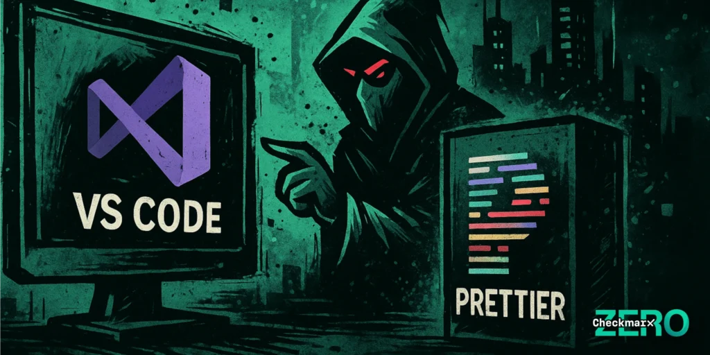A widescreen, street-art–style digital illustration with a dark, gritty green-to-black palette. At the center, a shadowy figure in a hooded cloak with red, glowing eyes stands in front of a rough urban skyline. On the left, a computer monitor shows the Visual Studio Code logo in purple. On the right, a box-like object displays the multicolored Prettier logo.