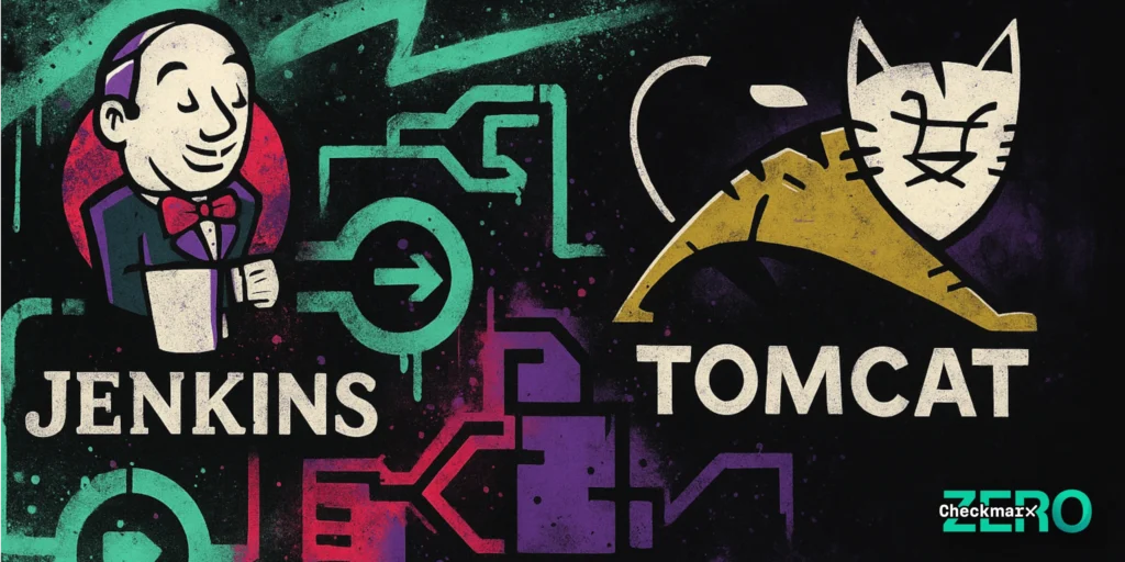 Graffiti-style digital artwork in a dark, gritty cyberpunk aesthetic. The left side shows the Jenkins logo character in white and red with teal and magenta spray-paint arrows and circuitry patterns around it. The right side features the Apache Tomcat cat logo in yellow and white. Neon green, purple, and red geometric lines connect both sides over a textured black background that fades darker toward the lower right corner.