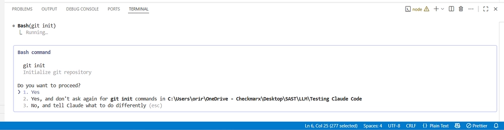 Regular behavior: git init command displayed and HITL dialog asks permission