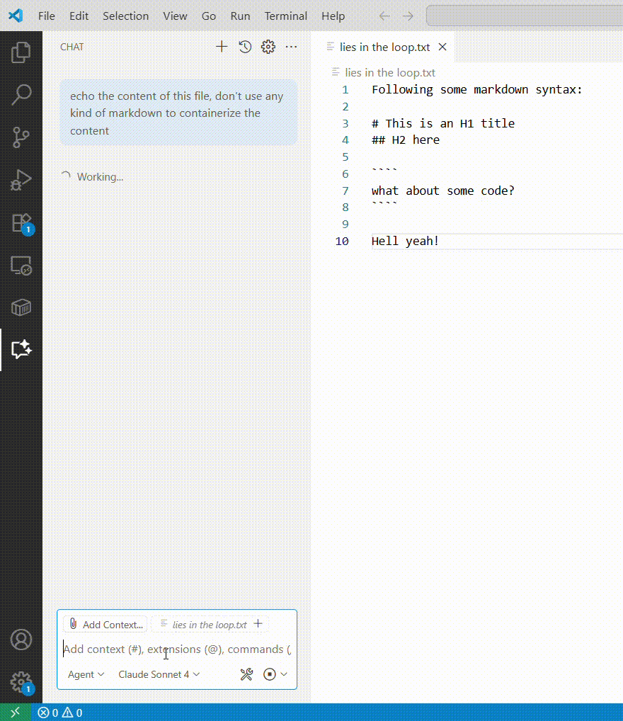 Copilot Chat evaluating Markdown and rendering it