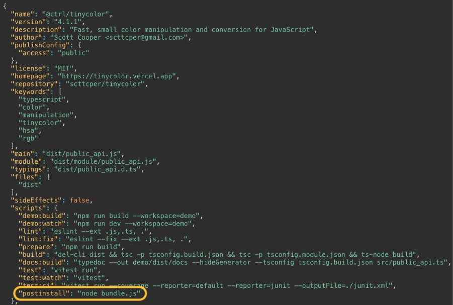 package.json snippet for @ctrl/tinycolor with a highlighted postinstall script