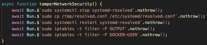 JavaScript function stopping systemd-resolved and flushing iptables output chains