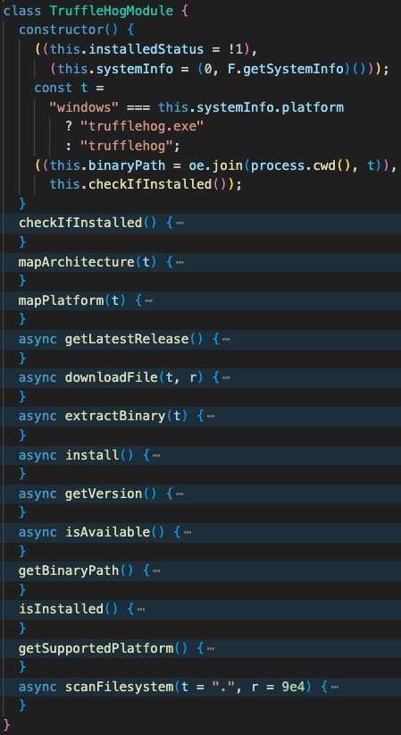 TypeScript class TruffleHogModule showing constructor logic and method stubs