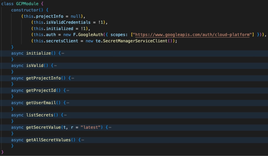 TypeScript class GCPModule showing constructor with GoogleAuth and Secret Manager client setup