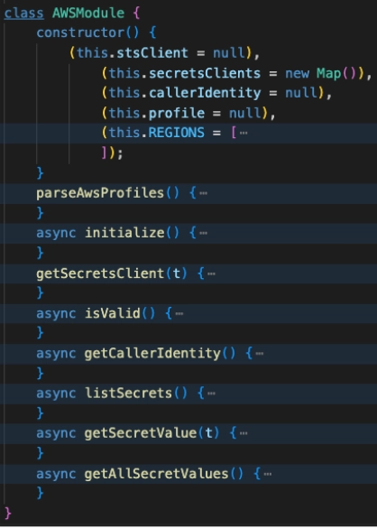 TypeScript class AWSModule showing constructor and AWS-related method stubs