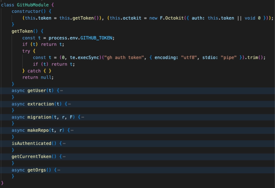 TypeScript class GitHubModule showing token retrieval and Octokit initialization