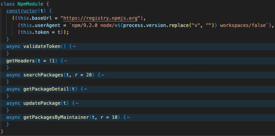 TypeScript class NpmModule showing constructor and package query methods