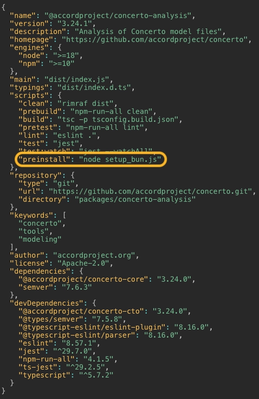 package.json for accordproject/concert-analysis with highlighted preinstall script