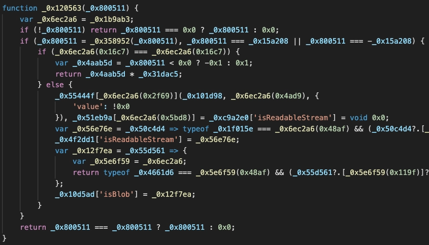 Obfuscated JavaScript function with mangled identifiers and stream/blob logic