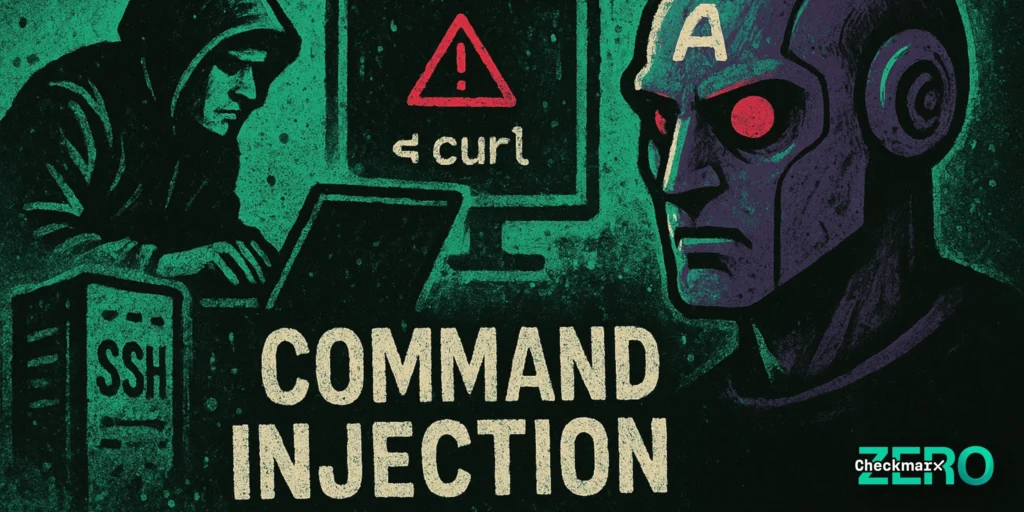 A widescreen, graffiti-style digital illustration in a dark green-to-black palette with gritty textures. Foreground elements: a hooded figure at a laptop, a monitor showing a command-injection warning symbol, and a stylized AI/android head with glowing red eyes