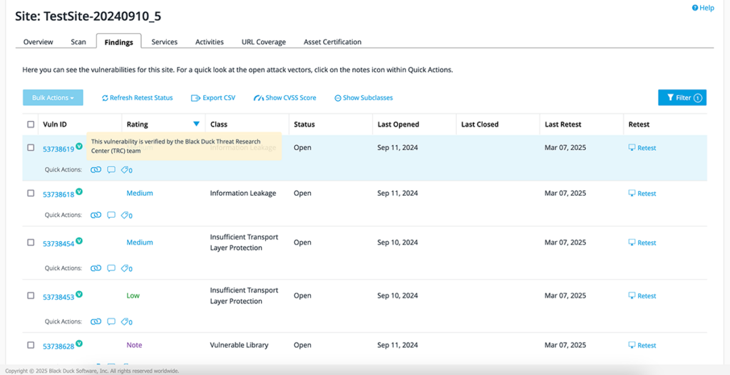 BlackDuck Synopsys DAST Dashboard interface screenshot