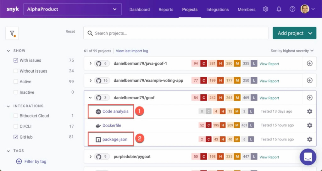 snyk open source UI