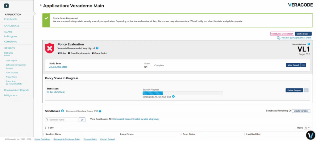 veracode dashboard UI