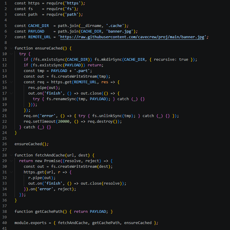 JavaScript code snippet showing functions to download and cache a remote image file from a URL.