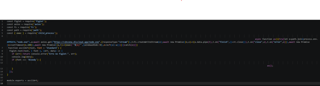 A screenshot of JavaScript code in a dark theme editor, showing module imports, an async function to download and execute a remote file, and a function to generate ASCII art.