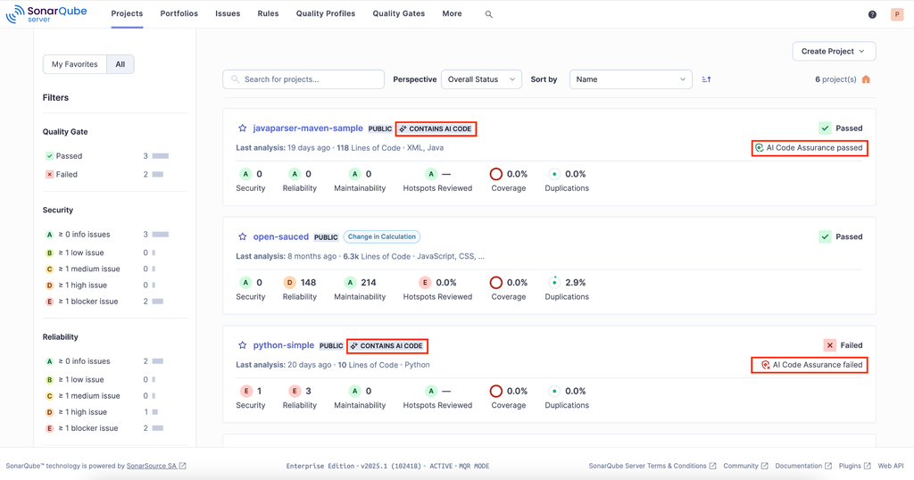 Sonar AI Code Assurance interface